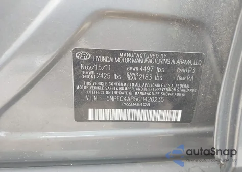 2012 Hyundai Sonata Se 2.0T z USA, uszkodzony, nr VIN 5NPEC4AB5CH420235